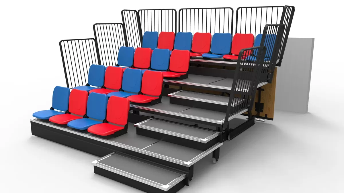 Foldable retractable bleachers with anti-slip seats for school auditoriums and community events